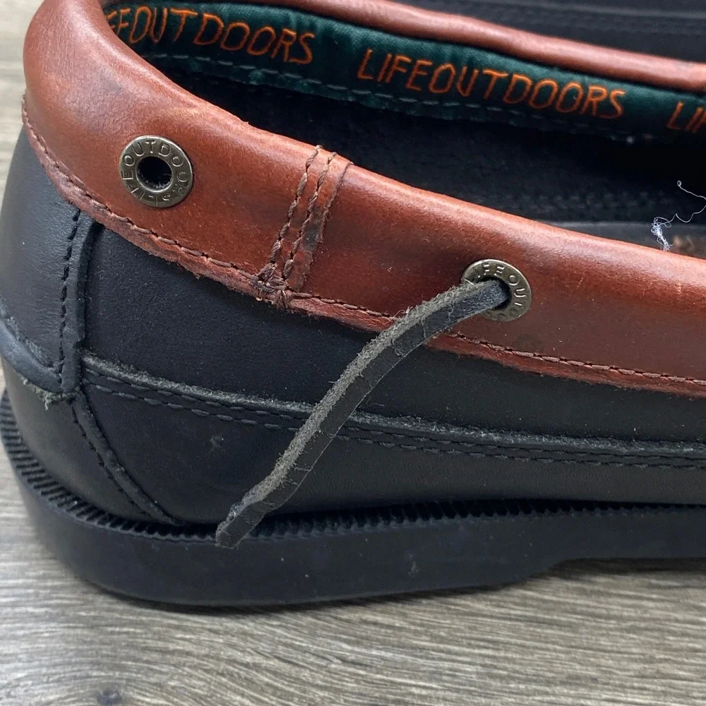 LifeOutdoors Boat Shoes Mens 11.5 D Black Brown Leather Nautical Loafers 607376